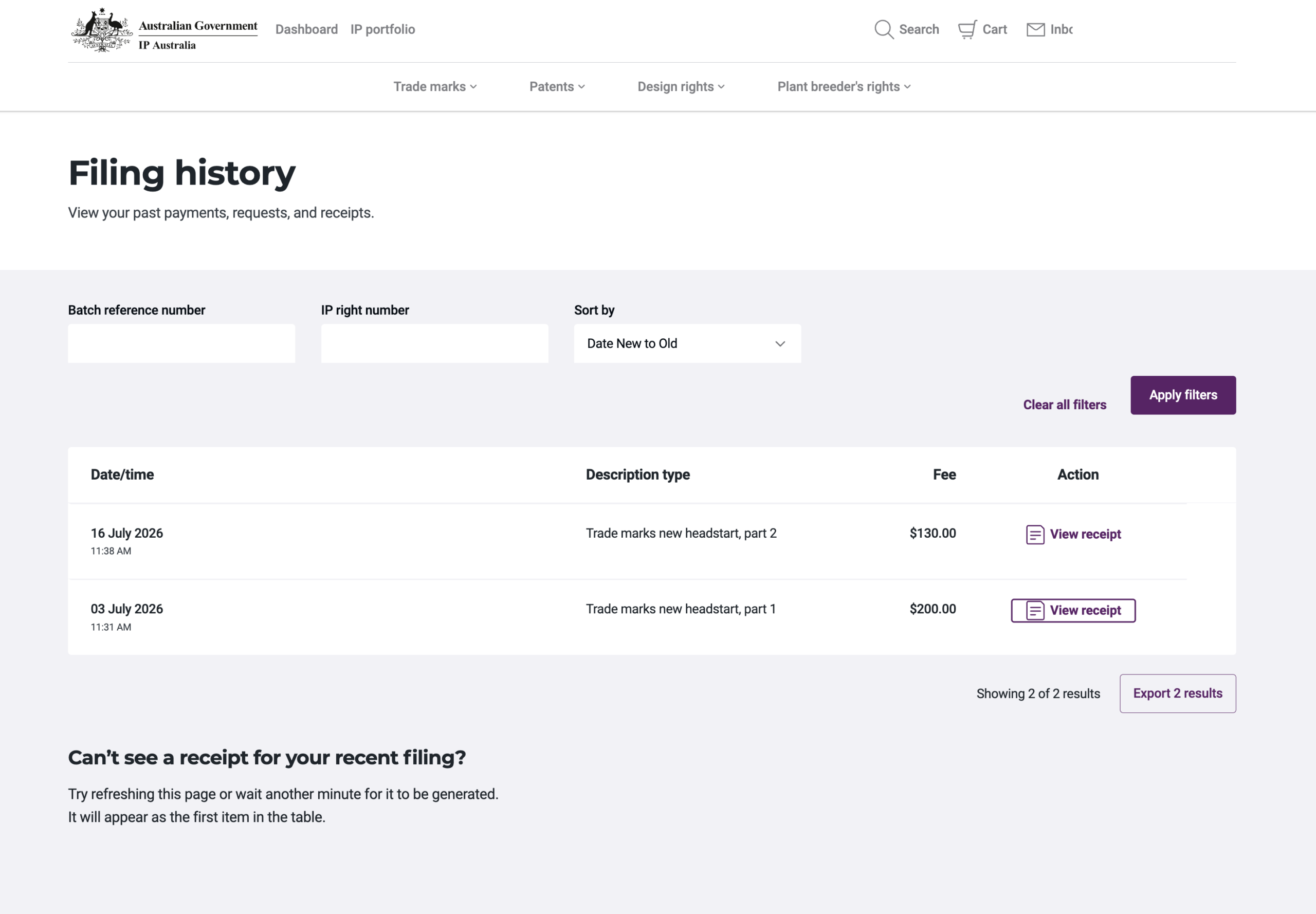IP Australia filing history showing trademark costs of $200 and $130 paid thirteen days apart