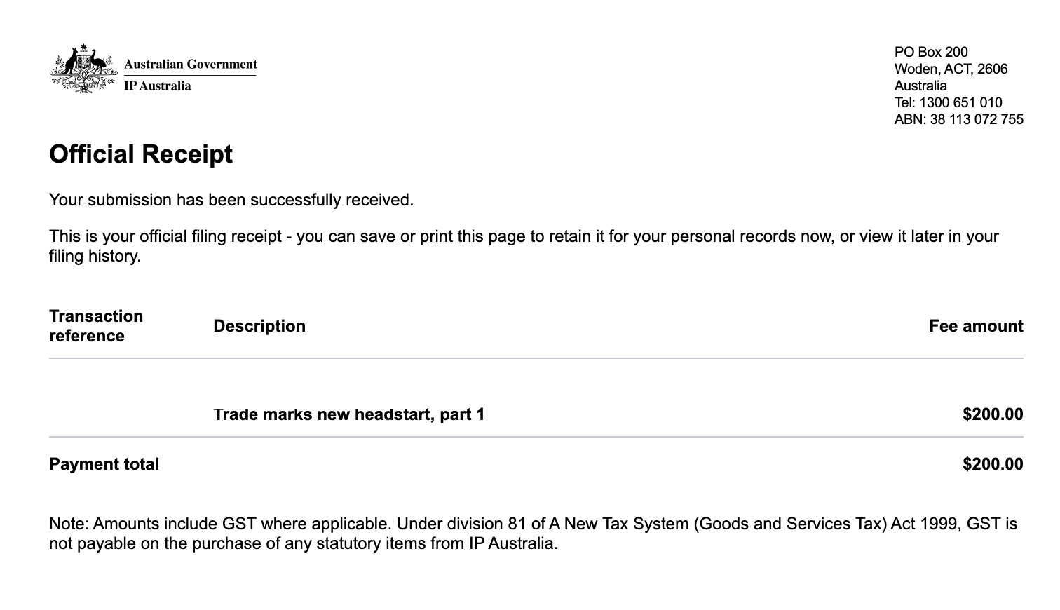 IP Australia receipt showing a trademark cost of $200 for TM Headstart part 1