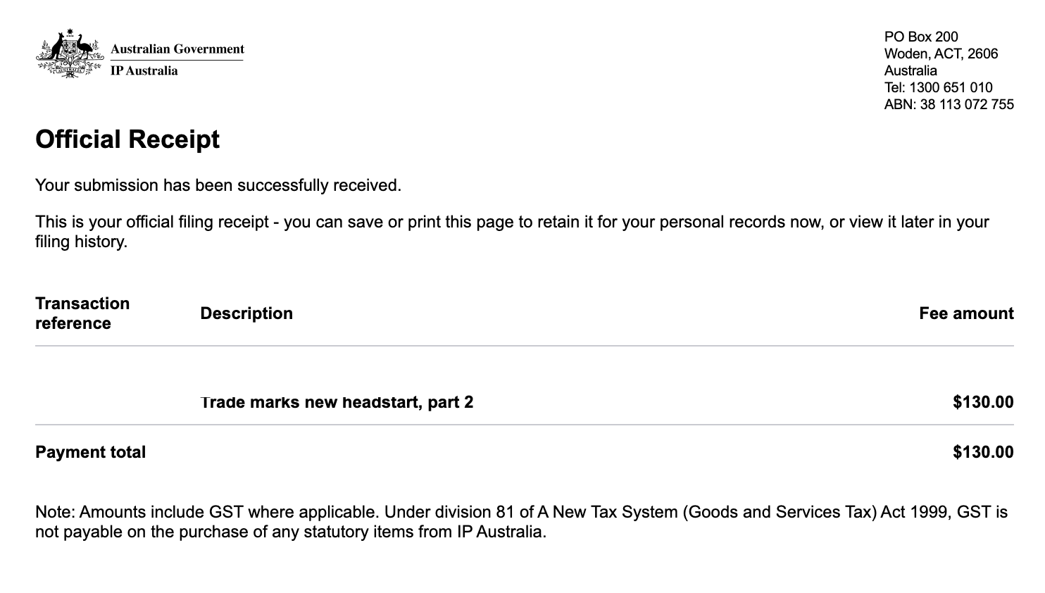 IP Australia receipt showing a trademark cost of $130 for TM Headstart part 2