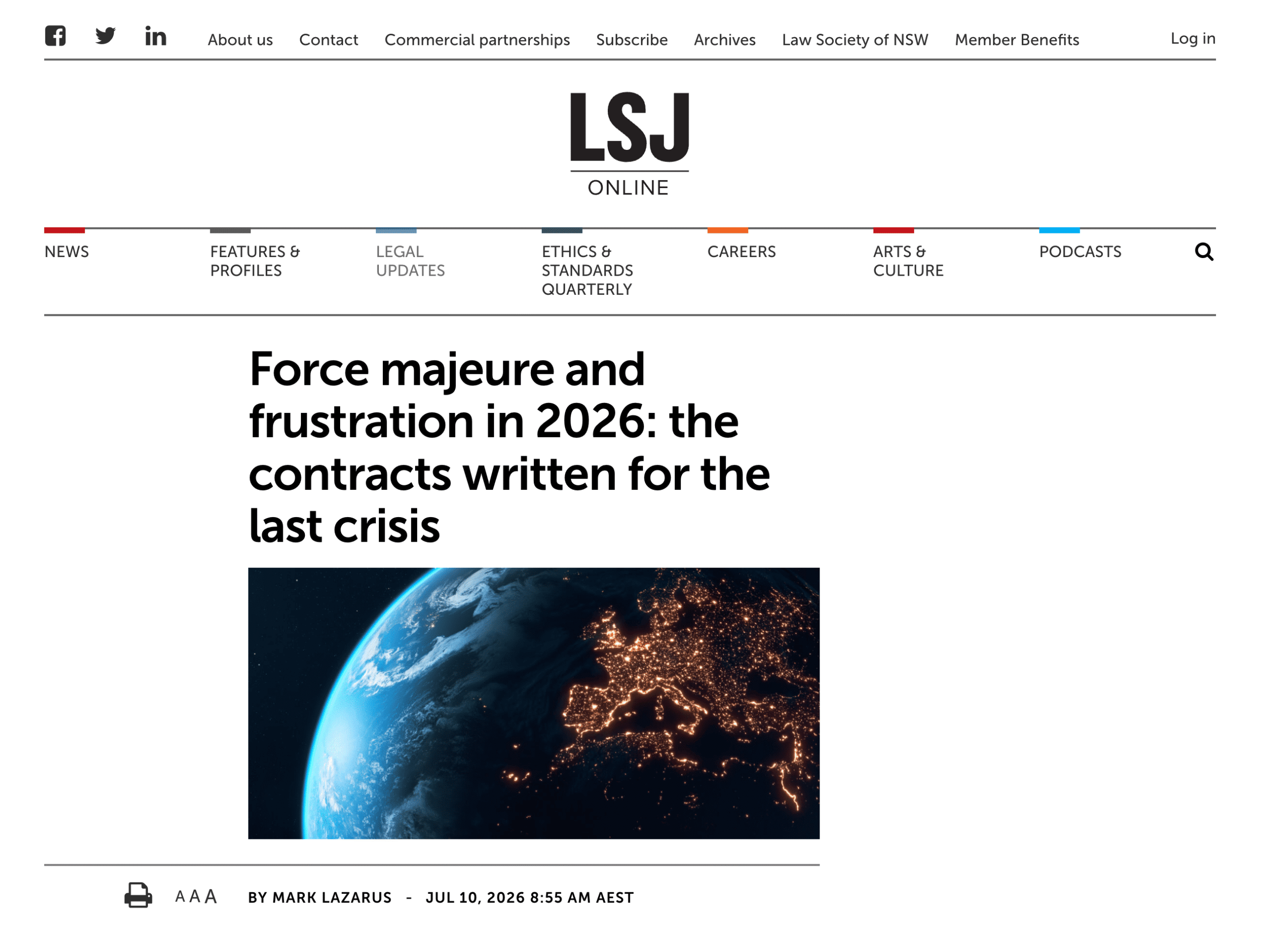 Mark Lazarus’s article on force majeure and frustration in the Law Society Journal, July 2026
