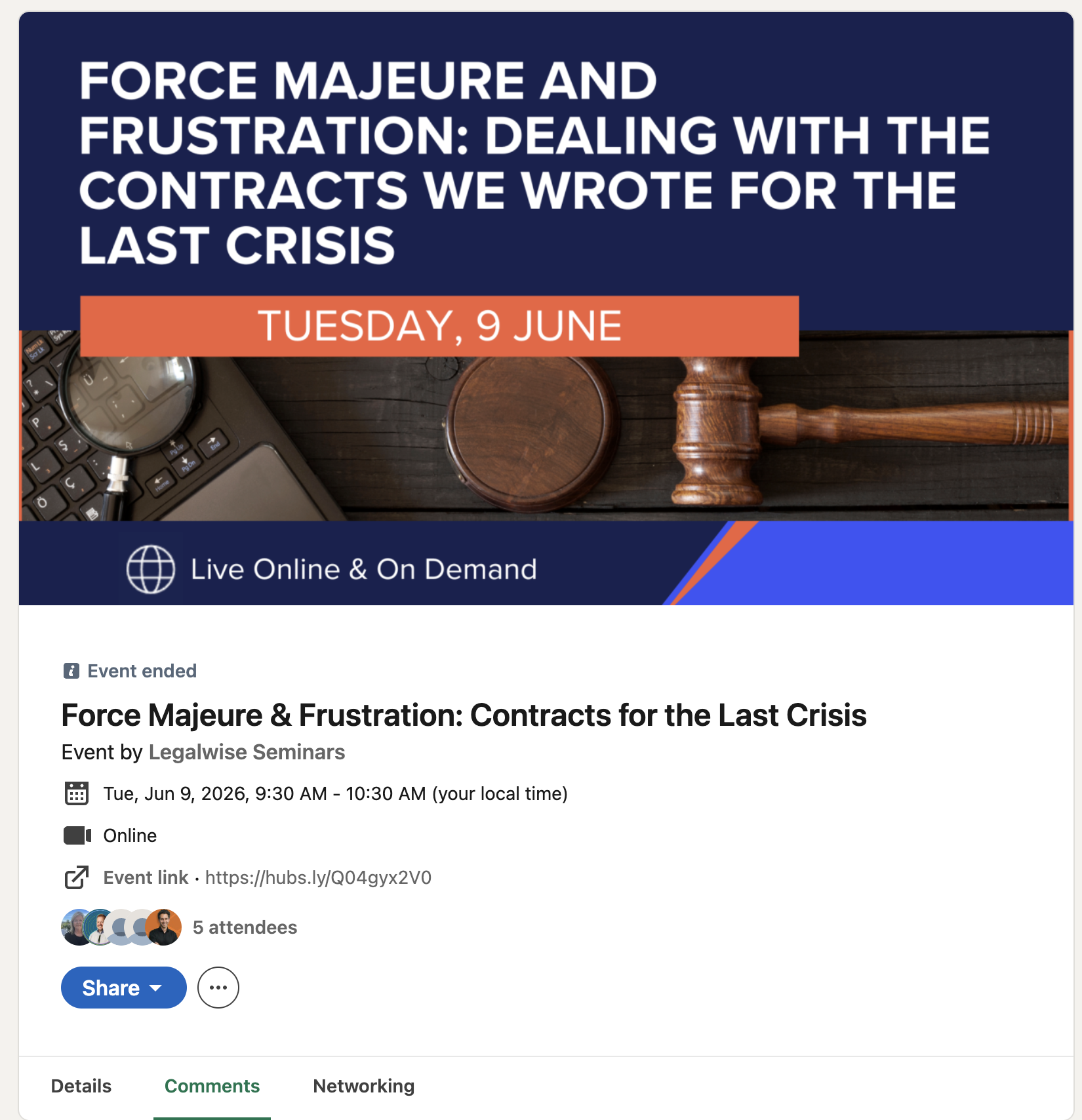 Mark Lazarus presenting the LegalWise webinar on force majeure and frustration, June 2026
